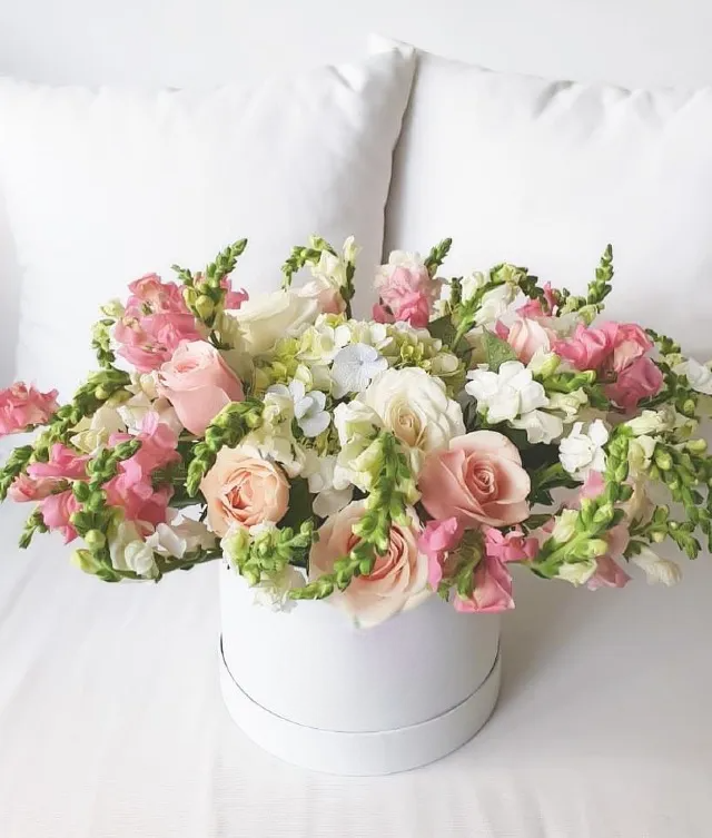 a beautiful arrangement of pink and white roses in a round white box.