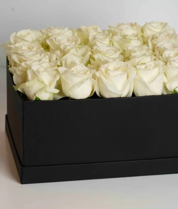 25 white roses in a black box