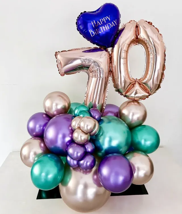 Create a memorable balloon arrangement for your special occasion! Two giant number (Not helium) balloon and a personalized mini heart balloon and latex balloons Color theme and number can be customized Width - 2ft Height - 2.5ft