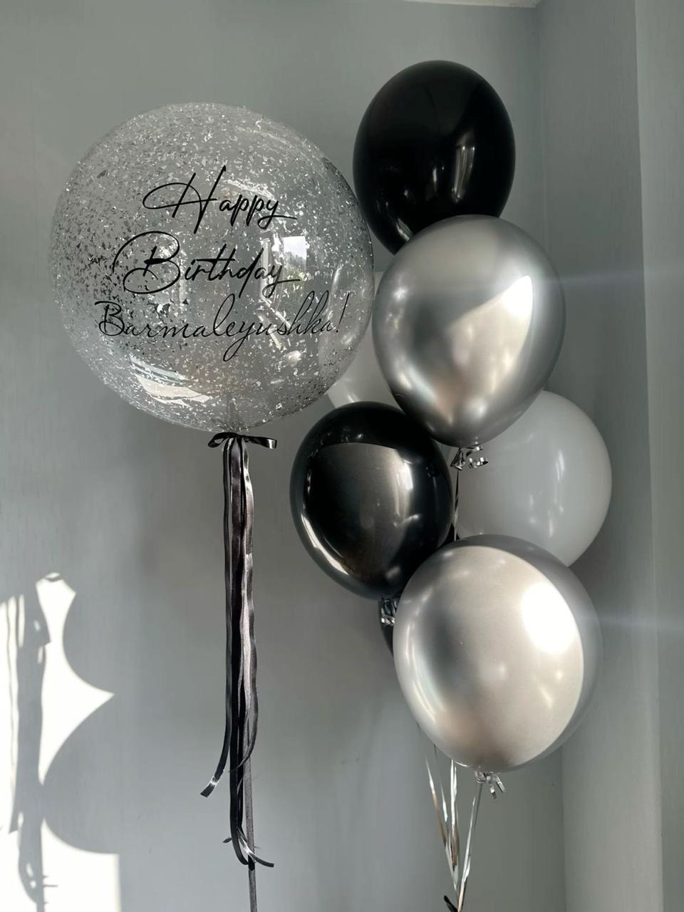 Create a memorable balloon arrangement for your special occasion! 1 personalized bubble balloon and 7 latex balloons Color theme can be customized