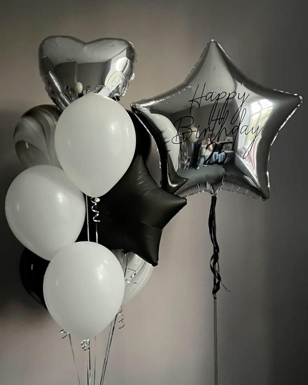Create a memorable balloon arrangement for your special occasion! Giant personalized star foil balloon, 8 latex balloons, 1 heart foil balloon, and 1 star foil balloon Color theme can be customized