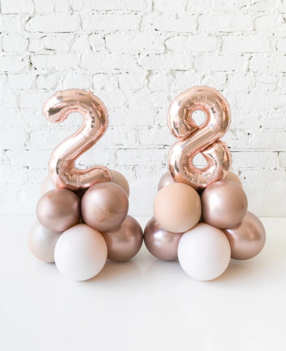 This arrangement features two number balloons (not helium) and latex balloons. The balloon color theme and numbers can be customized to your preference. Foil numbers are available in Gold, Silver, and Rose Gold, and they are 16” in size.