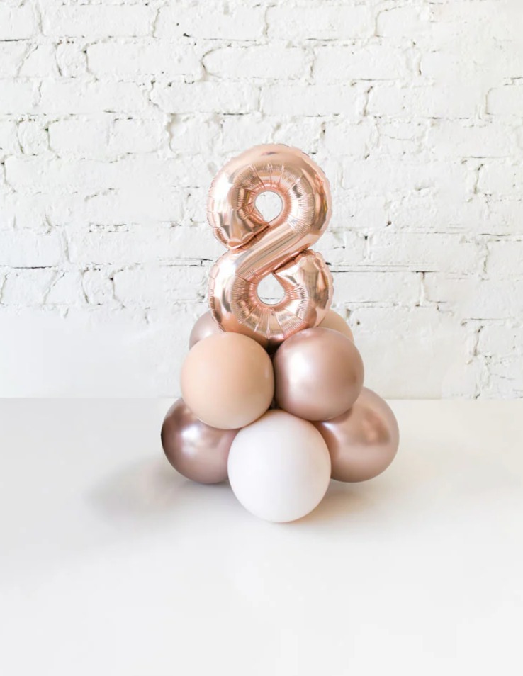 This arrangement features one number balloons (not helium) and latex balloons. The balloon color theme and numbers can be customized to your preference. Foil numbers are available in Gold, Silver, and Rose Gold, and they are 16” in size.