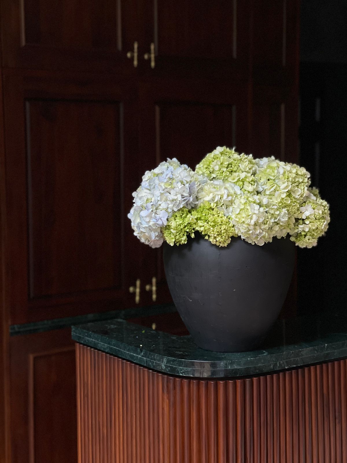 Surprise your loved ones with the timeless elegance of a beautiful hydrangea arrangement, artfully placed in a sleek medium-sized black pot, featuring approximately 28 exquisite blooms. The perfect gift to brighten their day and add a touch of nature’s charm to their home