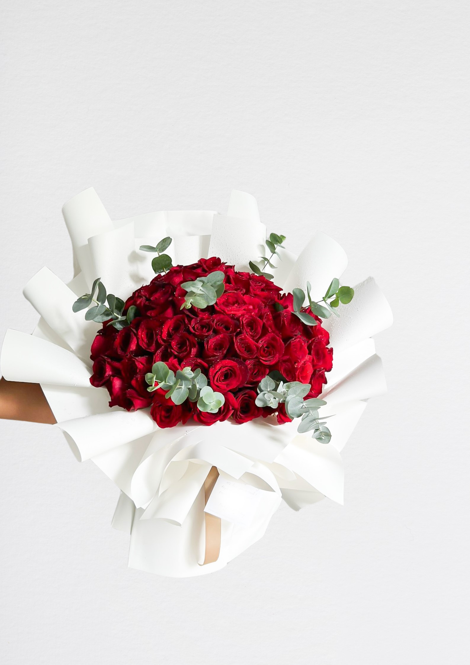 90 red roses bouquet with ivory color wrapping
