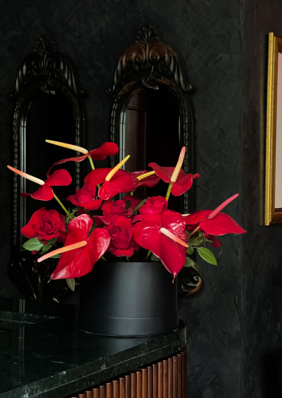 vibrant red roses and elegant Anthuriums, beautifully presented in a sleek black box—an exquisite expression of sophistication and love
