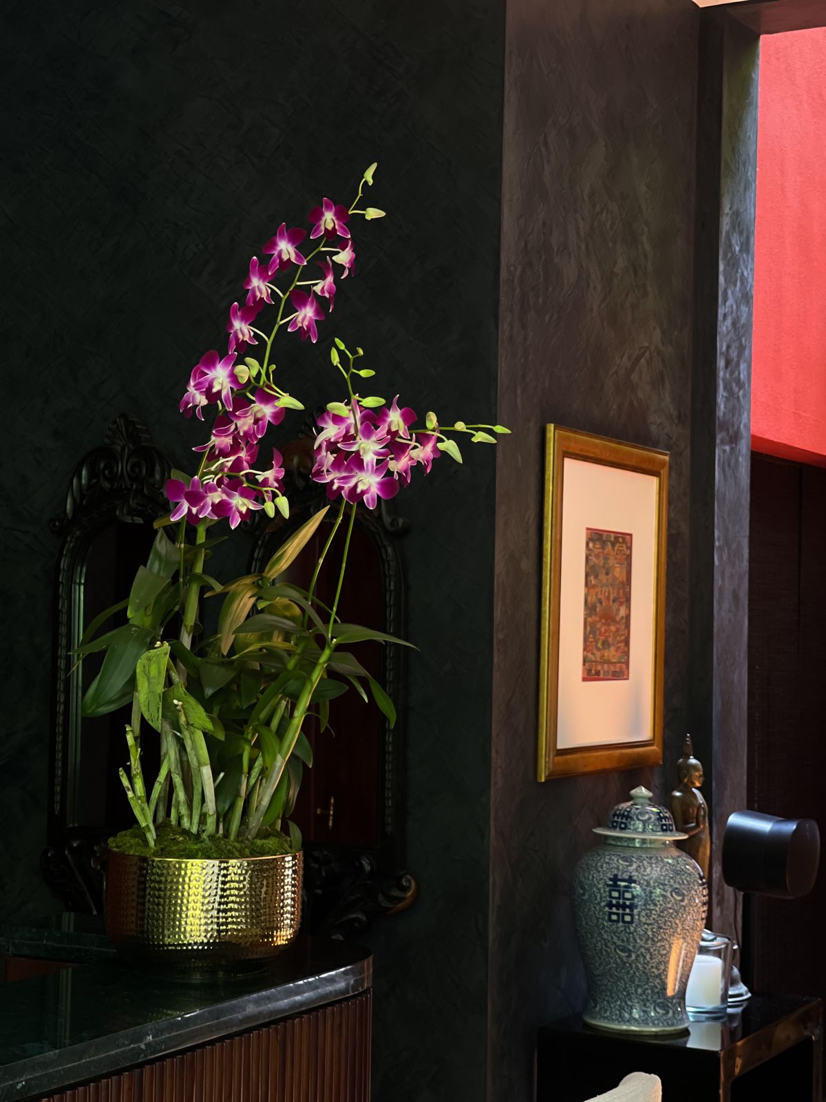 Purple Dendrobium Orchids, beautifully arranged in a petite, luxurious gold pot.